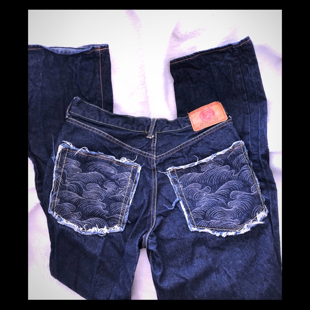 Red monkey wave stitch jeans